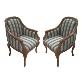 Upholstered Accent Armchair with Stripe Print and Nailhead trim; Set of 2; Gray and White; DunaWest