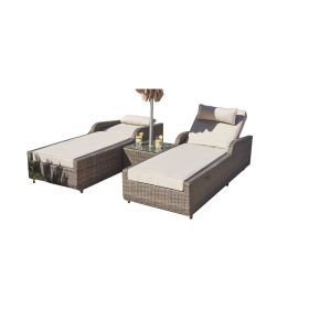 Direct Wicker Outdoor 3PCS Deluxe Patio Adjustable Wicker Rattan Chaise Lounge Set with Cushions and Table